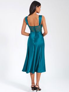 Say hello to our newest Perley, the perfect shade of teal satin and lace midi slip dress of your dreams! This elegant piece boasts a slightly flared mermaid silhouette, with ruched satin straps that can be worn on or off the shoulder. The bodice features a flattering fit with ruched cups, and a sheer lace diamond-shaped panel at the center front. Intricate black lace trimming runs throughout the front of the bodice for an added touch of sophistication. The back showcases sheer lace panels at the Tie Dye Jumpsuit, Duchess Satin, Midi Slip Dress, Maxi Dress Cocktail, Mermaid Silhouette, Sparkly Dress, Lace Midi, Lace Midi Dress, Lace Panelled