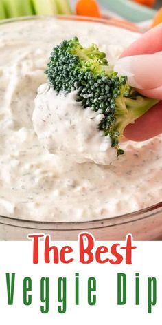 the best veggie dip is in a bowl with broccoli on top