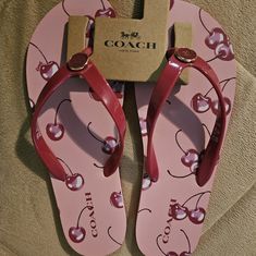 Womans Coach Cherry Print Flip-Flops Coach Slides, Coach Flip Flops, Printed Flip Flops, Boy Toy, Funky Shoes, Cherry Print, Coach Shoes, Basic Outfits, Toys For Boys