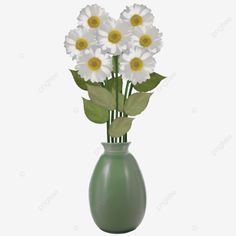 a green vase filled with white flowers on top of a table