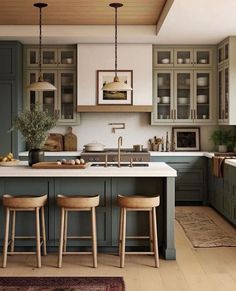 an image of a kitchen setting with green cabinets and stools on the countertop