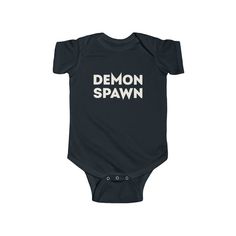 Demon Spawn Dress your baby to the nines with this black 100% gothic cotton bodysuit. It has three snap leg closure for easy changing, a comfortable envelope neckline, and a beautiful, durable print that's bound to make your baby even cooler. 💀 100% soft flexible cotton 💀 Light (5.0 oz/yd² (170 g/m 💀 Tear away label 💀 Comfortable envelope neckline 💀 Three snap leg closure 💀 Black color only 💀 666% cool Fitted Cotton Bodysuit For Halloween, Fitted Black Cotton Onesie, Fitted Cotton Onesie With Graphic Print, Black Cotton Onesie With Letter Print, Unisex Black Short Sleeve Bodysuit, Unisex Black Cotton Onesie, Black Fitted Short Sleeve Onesie, Goth Baby Nursery Nordstrom, Black Short Sleeve Onesie With Letter Print