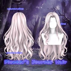 a white wig with long blonde hair in the woods, and an inscription that reads pioneers journey