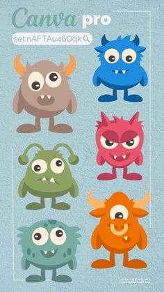 four different colored monsters with big eyes and large horns, all in the same color