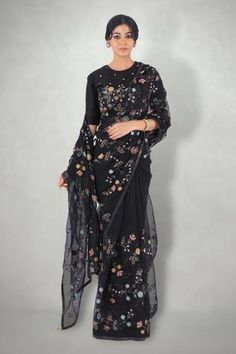 Shop for I am Design Black Silk Organza Floral Embroidered Saree With Blouse for Women Online at Aza Fashions Black Colour Saree, Black Embroidered Blouse, Floral Saree, Yellow Saree, Embroidered Saree, Black Saree, Georgette Saree, Indian Fashion Designers, Silk Organza