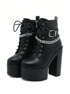 Hatengao Waterproof Platform Zipper Short Boots For Women, Punk Chain Decor High Heel Stage Thick Heel  Boots, Black Black Punk    Plain   Spring/Fall Women Shoes, size features are:Bust: ,Length: ,Sleeve Length: Heel Boots Black, Thick Heel Boots, Chain Decor, Black Punks, Zipper Shorts, Black Heel Boots, Boots Women Fashion, Thick Heel, Thick Heels