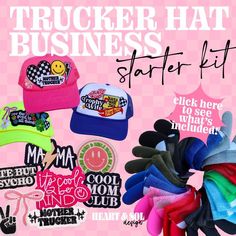 Custom trucker hats are all the rage! If you are looking to start your own trucker hat business or add value to your existing business, you are in the right place!! This starter kit is valued at $850! It will give you EVERYTHING you need to know and all the supplies to dive into the trucker hat bar craze! With your choice of heat press and our starter kit, you will be ready to rock and roll! WHAT'S INCLUDED: 125 of our crowd favorite iron on patches 25 foam trucker hats in our most popular colors A comprehensive start up guide Personal discount code to shopheartsol.com 1 on 1 call with the owner of Heart & Sol Patch display, foam head, and other necessary supplies to create from day one! Cheap Trucker Hat With Letter Print And Curved Bill, How To Start A Hat Bar, Trucker Hat Bar Display Ideas, Trucker Hat Bar, Hat Bar, Wife Day, Patches Display, Funny Trucker Hat, Foam Head