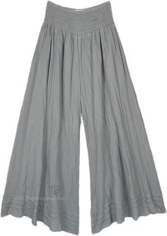 A pair of palazzo pants in light grey for summer or spring made of comfortable organic cotton fabric.  The bottom of the pants is very wide, which gives it a flow as you walk. #tlb #SplitSkirtsPants #Misses #vacationclothing #beachwrap #Solid #WideLegCottonPants Gray Cotton Wide Leg Full-length Pants, Gray Cotton Wide Leg Full Length Pants, Gray Full-length Cotton Wide Leg Pants, Gray Full Length Cotton Wide Leg Pants, Gray Full Length Wide Leg Cotton Pants, Gray Long Skirt For Summer, Gray Wide Leg Cotton Harem Pants, Gray Wide Leg Pants For Summer, Bohemian Gray Bottoms For Summer