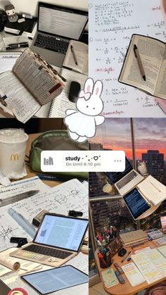 several different pictures of laptops and books on a table with writing paper, pens, notebooks and other items