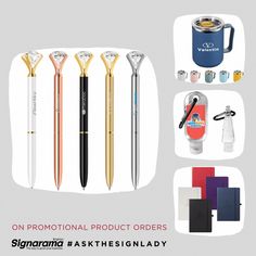 various promotional items are displayed on a white background and include pens, pencils, flasks