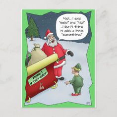 a christmas card with a cartoon santa claus and an elf holding a roll of paper