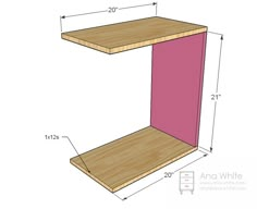 a wooden shelf with measurements for the top and bottom