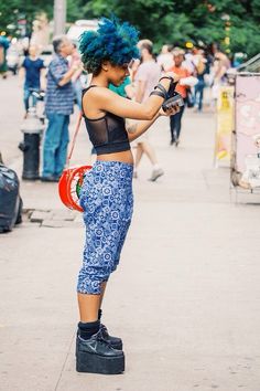 afro hair, afro hairstyle, curly hair, black women street style, black girls, fashion, platform shoes, blue hair, colorful hair Afro Goth, Afro Punk Fashion, Awesome Possum, Trendy Hair Color, Estilo Punk, Women Street, Grunge Hair