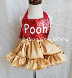 Pooh skirted romper Handmade to order in the USA Customs available Sleeveless Fitted Bubble Romper For Party, Fitted Sleeveless Bubble Romper For Party, Fitted Bubble Romper With Ruffles For Birthday, Cute Fitted Bubble Romper For Dress-up, Playful Fitted Red Bubble Romper, Fitted Ruffles Bubble Romper For Birthday, Playful Fitted Dress For Festive Occasions, Fitted Red Bubble Romper With Ruffles, Baby Pageant