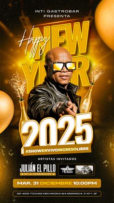 a flyer for a new year party with a man wearing sunglasses and holding a bottle