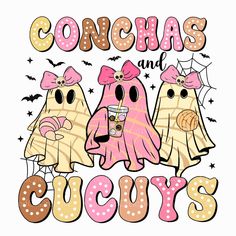 three cartoon characters with words that say conchas and cussy's