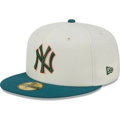 Each time you sport this New Era Chrome Evergreen 59FIFTY hat, everyone will know you're a diehard New York Yankees fan. A trendy high crown and fitted construction offer a modern look. Distinct New York Yankees embroidery and an eye-catching side patch show off your fandom from multiple angles. High Crown Imported Embroidered graphics with raised details Six panels with eyelets Structured fit Officially licensed Flat bill with ability to curve Brand: New Era Fitted Material: 100% Polyester Green Cap For Game Day, Green Flat Bill Sports Hat, Green Fitted Hat With Flat Brim For Sports Events, Sporty Green Cap, Green Flat Brim Fitted Hat For Sports Events, Green Baseball Cap For Fan Gear, Green Snapback Fitted Hat For Sports Events, Green Fitted Hat For Baseball Season, Green Snapback Hat For Fan Gear