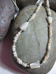 "tiny freshwater pearl \"chips\" mother of pearl pyramid shapes silver glass accent beads silver chain & clasp adjustable length:  approx 24-1/4\"  to approx 26\"" Pearl Bead Necklace, Silver Glass, Long Beach, Bead Necklace, Pearl Beads, Pyramid, Mother Of Pearl, Fresh Water, Freshwater Pearls