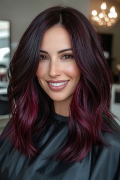 Click for More ➡️ | Save for Later ❤️  If you want a more gradual transition, this ombre style takes you from deep black roots to vibrant cherry ends. The blend works beautifully on wavy hair, providing texture and visual interest. This is an ideal option for someone looking to ease into bold colors without going for a full commitment. (Subtle Black Cherry Ombre for Wavy Hair) Black Roots Red Ends, Black Cherry Hair Color Balayage, Red Balyage Long Hair Brunette, Deep Red And Black Hair, Dark Brunette Balayage Hair Shoulder Length, Dark Red Wine Hair, Black Hair With Caramel Balayage, Brown To Red Ombre Hair, Red Hair Black Roots