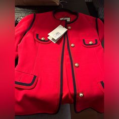 New With Tags! Gucci Blazer. Pearl Gg Buttons. Red With Navy Trim. Stretchy Material. Will Fit Us 10-14 Gucci Long Sleeve Blazer For Spring, Chic Gucci Blazer For Work, Chic Fitted Gucci Blazer, Red Gucci Outerwear For Fall, Gucci Blazer, Gucci Jackets, Cotton Twill Jacket, Gucci Jacket, Tom Ford Suit