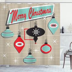 a christmas themed shower curtain with ornaments hanging from it's sides and the words merry christmas