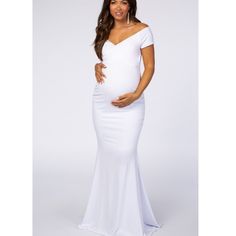 A Solid Maternity Photoshoot Gown Featuring An Off Shoulder Elastic Neckline With A Wrap Front Style, Mermaid Style Skirt With Form-Fitting Ruched Sides, Cinching Under The Bust, And A Hi-Low Hemline With A Slight Train. Dress Is Double Lined To Prevent Sheerness. Excellent Condition/New Without Tags (It’s White So May Need To We Washed To Be Perfect). Bulk Buy Out From Company. Tag Is Cut Out To Prevent Returns To The Company. Small Inventory #702 Medium Inventory #3077 Large Inventory #217 Fitted V-neck Maternity Gown, Elegant White Maternity Gown, Elegant Maternity Gown With V-neck, Elegant Maternity V-neck Gown, Elegant Spring Maternity Gown, Elegant Maternity Mermaid Dress, Elegant White Maternity Maxi Dress, White Fitted Maternity Maxi Dress, Fitted White Maxi Dress For Maternity Wear