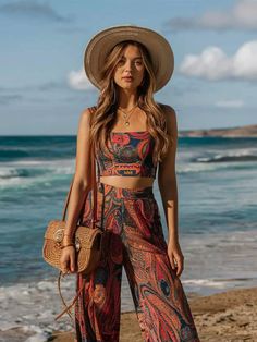 Free-Spirited Fashion: 20 Boho Chic Outfits to Live In This Summer 18 Beach Babe Outfits Boho Chic, Bohemian Crop Top For Beach Cover-up In Spring, Bohemian Off-shoulder Blouse For Beach, Bohemian Festival Cover-up With Boho Print