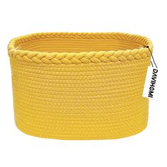 a large yellow basket with braiding on the side and measurements for each item in front