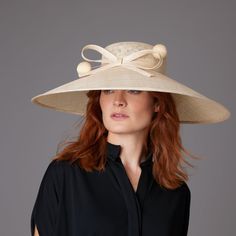 Woman with red hair wearing a black shirt and a natural fine straw downbrim with a natural bow and two hat pins Rachel Trevor Morgan, The Rachel, Hat Design, Jackie O, Royal Ascot, Garden Parties, Saint James, St James, Hat Pins