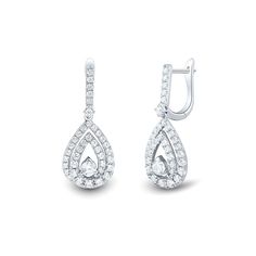 14K white gold pear shaped dangle earrings with 78 round brilliant cut lab grown diamonds weighing approximately 1 1/2 ct. tw. Charles And Colvard Moissanite, Helzberg Diamonds, Traditional Diamond, Diamond Dangle Earrings, Tiny Diamond, Women Diamond, Earring Backs, Round Brilliant, Pear Shaped