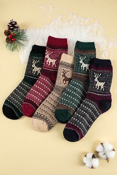 These Blackish Green Christmas Reindeer Soft Crew Socks come in a set of five pairs, perfect for the holiday season. Made with soft and comfortable material, these socks feature a festive reindeer design. Stay cozy and stylish all winter long with these socks. Christmas Socks Cute, Festive Christmas Socks, Woodland Christmas Socks & Tights, Fun Winter Non-slip Socks, Christmas. Womens Socks, Cardigan Tops, Knitwear Tops, Green Christmas, Christmas Reindeer