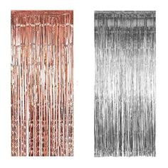 two metallic curtains with fringes on each side and one in the same color scheme