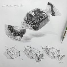 a pencil drawing of some sort of garbage bag with writing on it and three different angles to draw