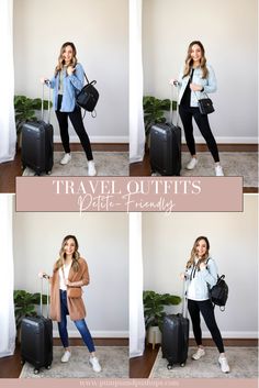 a woman standing next to her luggage and posing for pictures with the words travel outfits written on