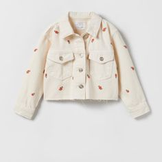 Denim Jacket With Lapel Collar And Long Sleeves. Front Button Closure. Front Flap Patch Pockets. Embroidered Motifs. Outer Shell 100% Cotton 8 Embroidered Motifs, Kids Line, Embroidered Denim Jacket, Jacket Beige, Girl Silhouette, Zara Kids, Embroidered Denim, Zara Jackets, Lapel Collar