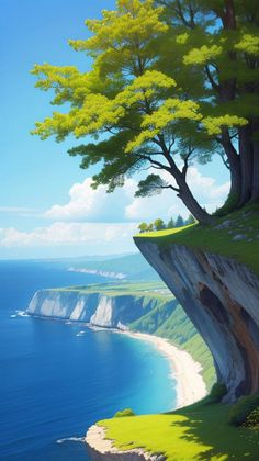 a painting of a tree on the edge of a cliff overlooking the ocean and cliffs