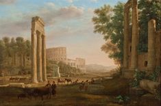 an old painting with horses and carriages in the foreground, people on horseback near ruins