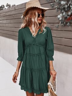 Green V Neck Ruffle Mini Dress Solid Tiered Mini Dress With Ruffle Hem, Tiered Mini Dress With Ruffle Hem, Fall Ruffle Midi Length Dress, Casual Long Sleeve Tiered Dress With Ruffles, Fall Ruffle Midi Dress, Green Mini Length Ruffle Dress For Brunch, Green Mini-length Ruffle Dress For Brunch, Green Ruffled Mini Dress For Fall, Green Mini Dress With Ruffle Hem And Sleeves