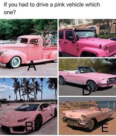 four different pink cars parked next to each other in front of palm trees and water