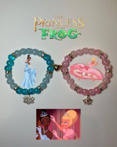 the princess and the frog bracelets are on display in front of a white wall