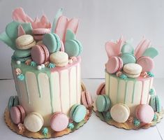 two cakes decorated with macaroons and pastel colors