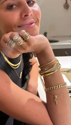 Wearing Lots Of Jewelry, Chunky Mixed Metal Jewelry, Gold And Silver Jewelry Stack, Silver And Gold Jewelry Mixing Bracelets, Silver Gold Jewelry Together, Chunky Bracelet Stack, Cool Girl Jewelry, Maxamilist Jewelry, Gold And Silver Bracelet Stack