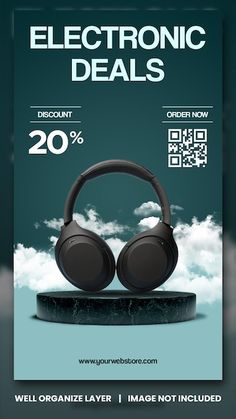 an advertisement with headphones on it for electronic sales in the sky and clouds above