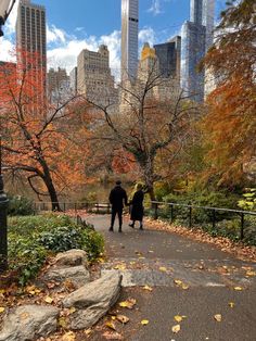 two people walking down a path in the middle of a park with fall leaves on the ground