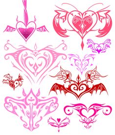 an assortment of tattoo designs including hearts, bats and arrows on white background stock photo