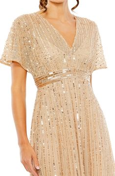 Mac Duggal Sequin Embellished Cocktail Dress | Nordstrom Cocktail Dresses With Sleeves, Summer Bridesmaid Dresses, Embellished Cocktail Dress, Taupe Dress, Gold Cocktail Dress, Embellished Shorts, Mac Duggal Dresses, Daytime Dresses, Midi Cocktail Dress