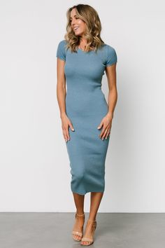 Dana Ribbed Midi Dress | Dusty Blue - Baltic Born Blue Ribbed Knee-length Bodycon Dress, Fitted Blue Ribbed Bodycon Dress, Spring Fitted Midi Dress With Ribbed Neckline, Casual Fitted Ribbed Midi Dress, Rib Knit Dress, Dusty Blue Color, Baltic Born, Ribbed Midi Dress, Ribbed Knit Dress