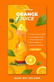 an orange juice poster with lemons and leaves on the bottom, in front of an orange background