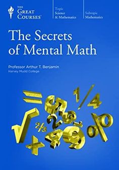 the secrets of mental math book with gold numbers and percentages on blue background,