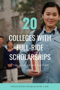 a woman holding a book with the words 20 colleges with full - ride scholarships